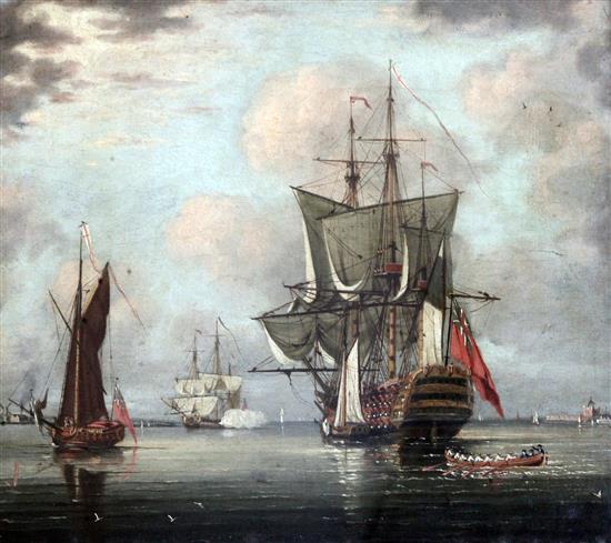 Early 19th century English School HMS Brittania in Portsmouth harbour 16 x 18in.